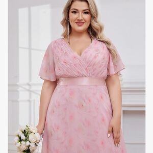 Pink Floral V-Neck Plus Size Dress